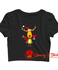 Funny Reindeer Drinking Wine Christmas Cartoon Crop Top Shirt