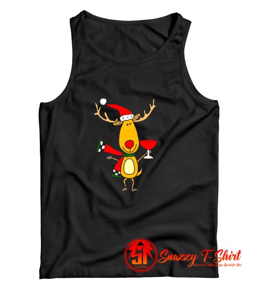 Funny Reindeer Drinking Wine Christmas Cartoon Tank Top